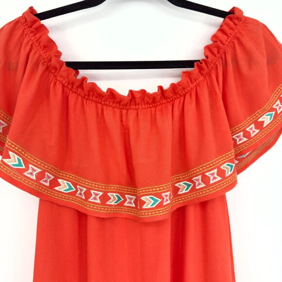 THML Orange Aztec-Inspired Embroidered Off Shoulder Ruffle Mini Dress Sz Medium - Picture 9 of 13